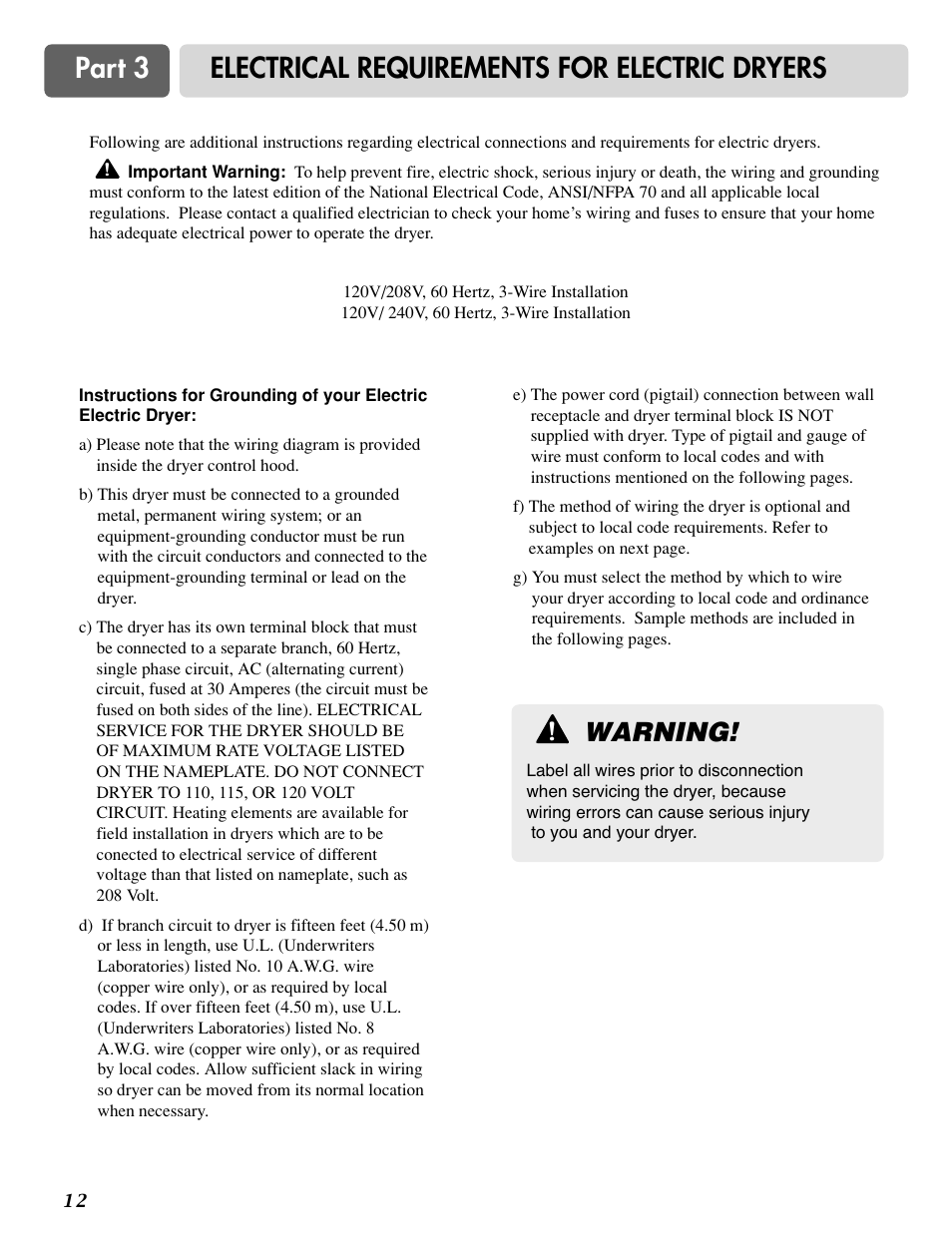 Part 3 electrical requirements for electric dryers, Warning | LG DLG0332W User Manual | Page 13 / 60