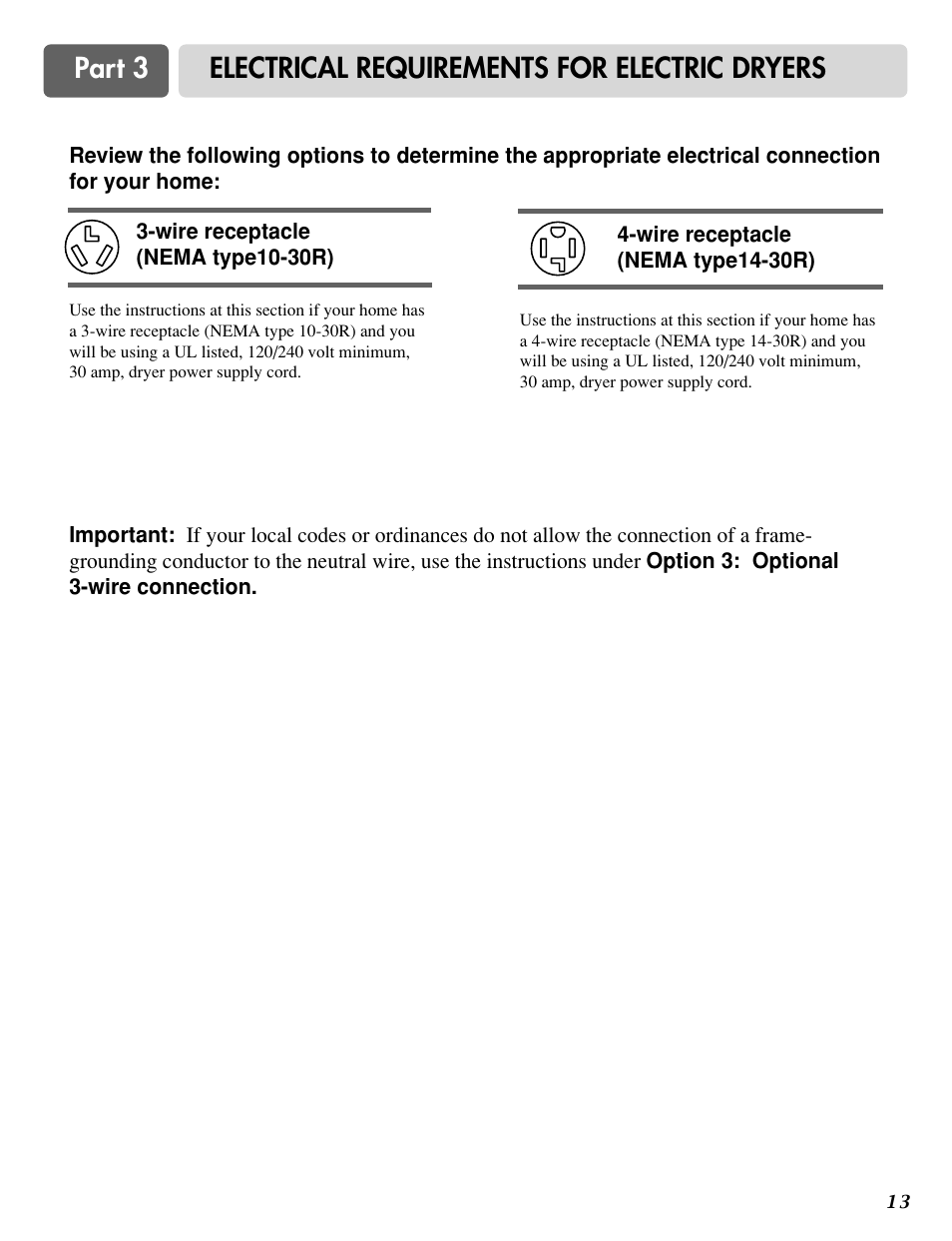 Part 3 electrical requirements for electric dryers | LG DLG0332W User Manual | Page 14 / 60