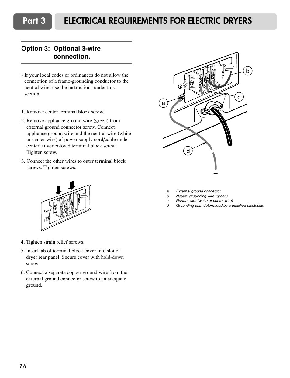 Part 3 electrical requirements for electric dryers, Option 3: optional 3-wire connection | LG DLG0332W User Manual | Page 17 / 60