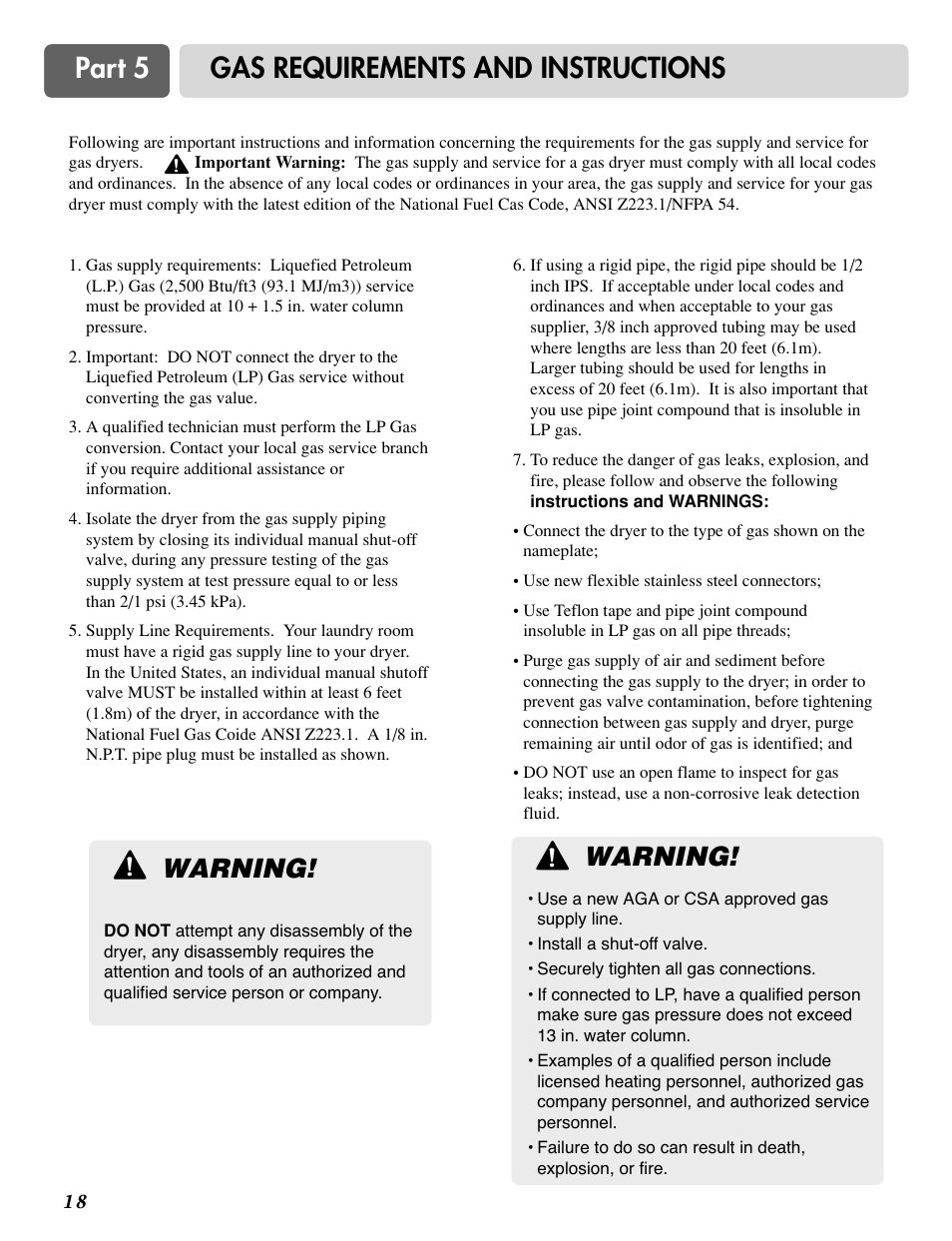 Part 5 gas requirements and instructions, Warning | LG DLG0332W User Manual | Page 19 / 60