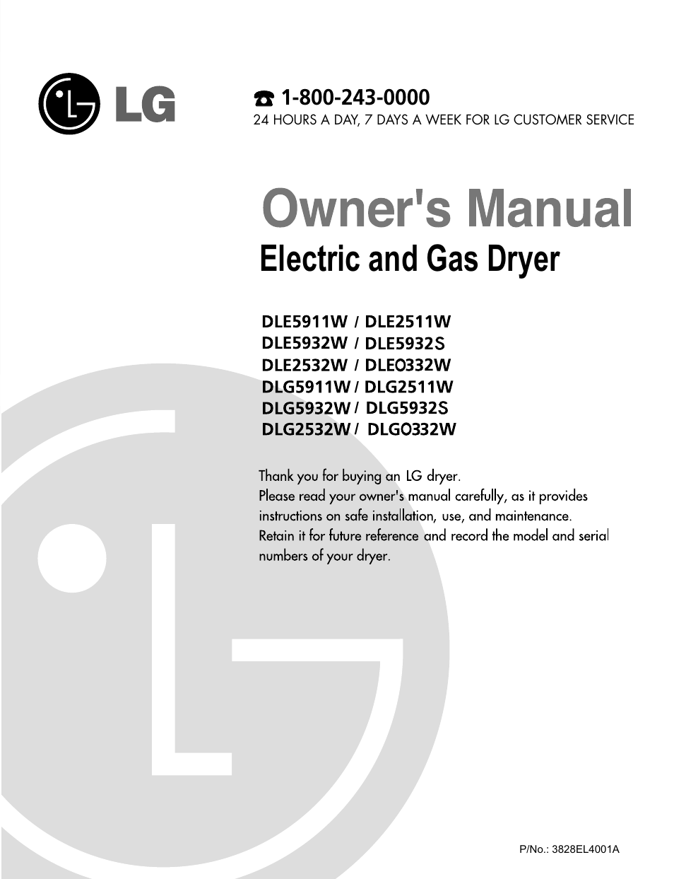 Manual del propietario, Electric and gas dryer | LG DLG0332W User Manual | Page 2 / 60