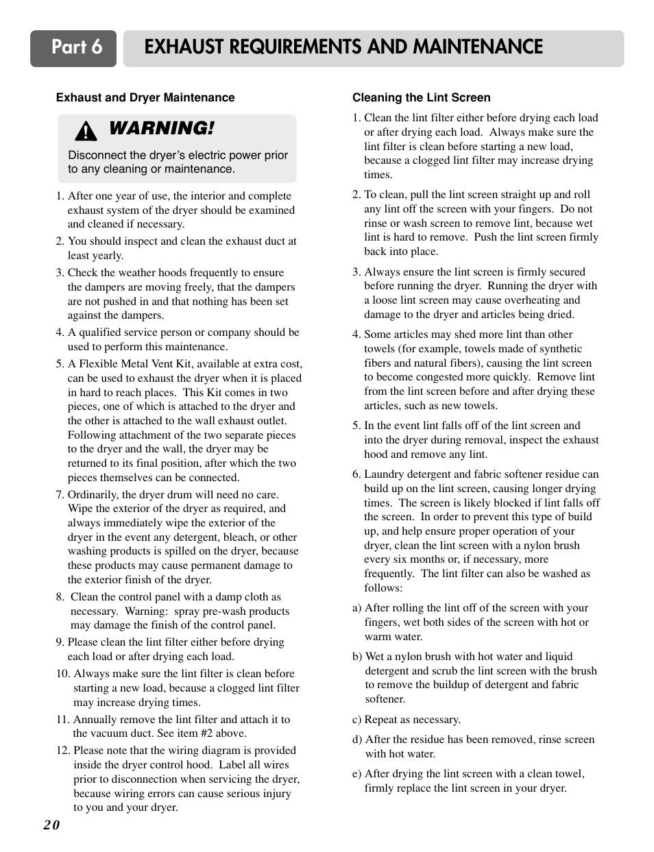 Part 6 exhaust requirements and maintenance, Warning | LG DLG0332W User Manual | Page 21 / 60