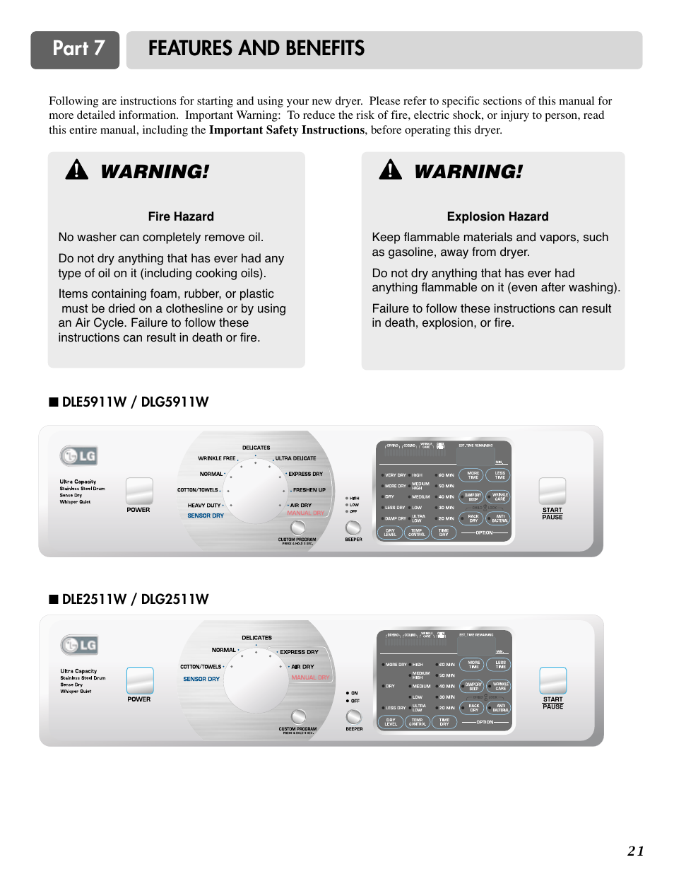 Part 7 features and benefits, Warning | LG DLG0332W User Manual | Page 22 / 60