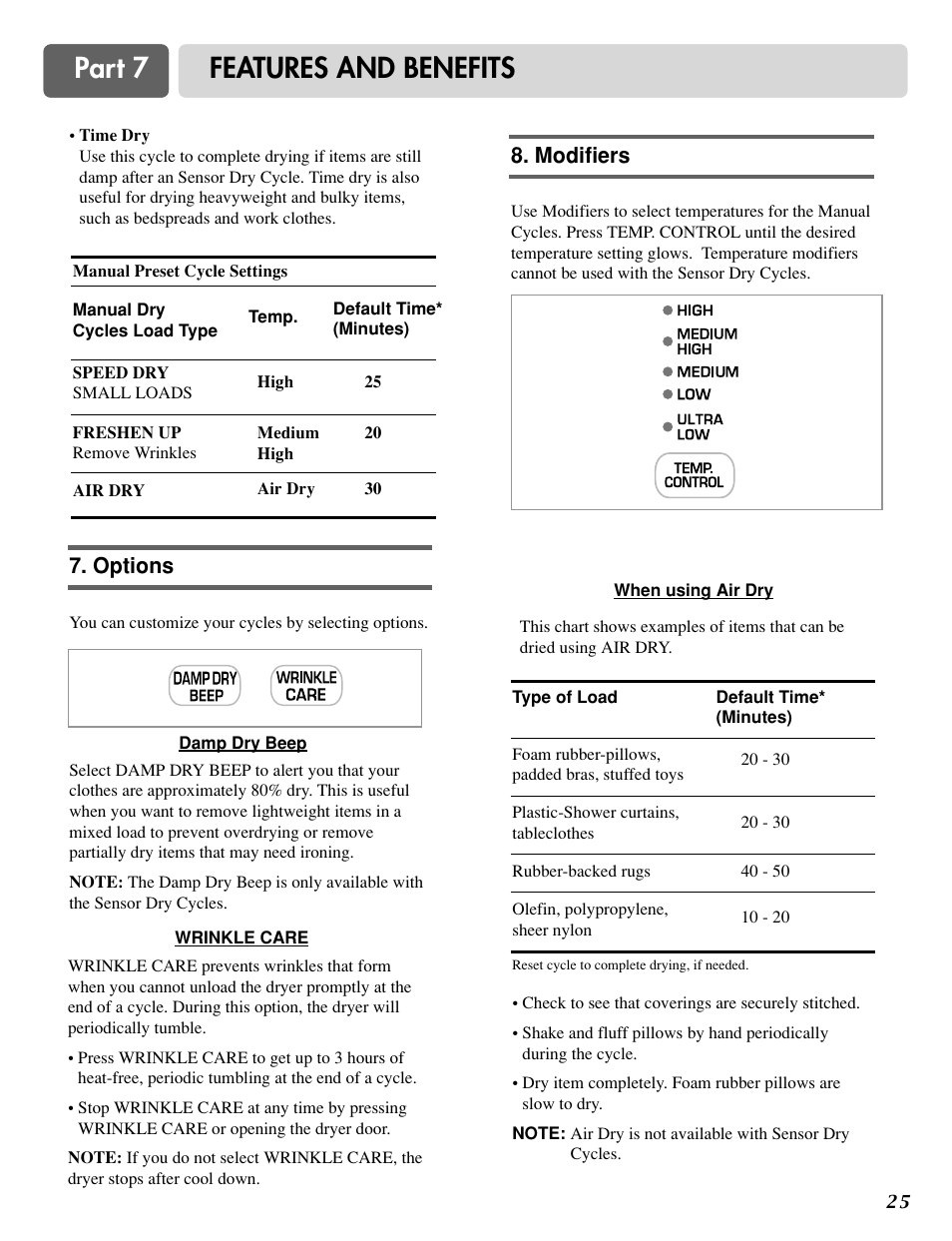 Part 7 features and benefits, Options, Modifiers | LG DLG0332W User Manual | Page 26 / 60