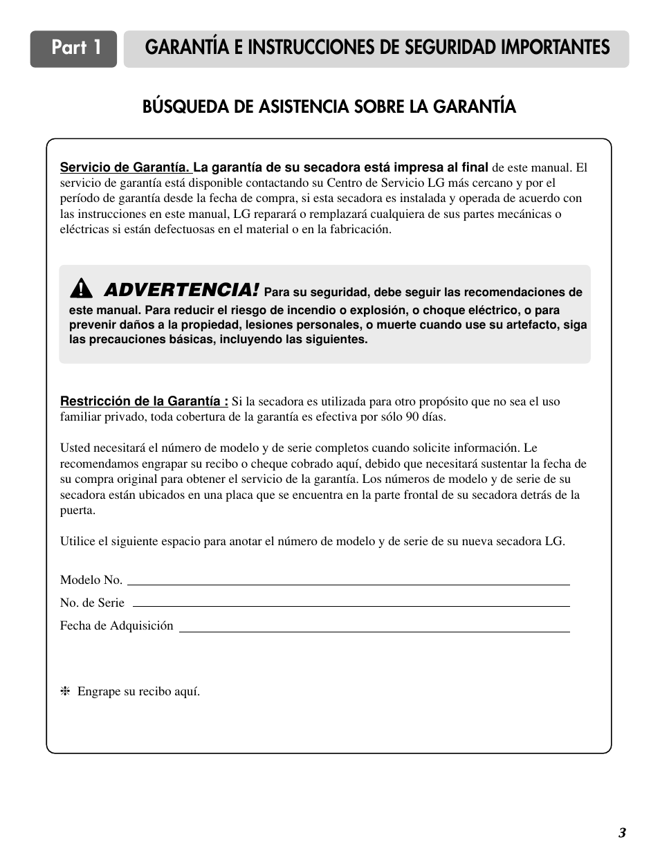 Advertencia, Búsqueda de asistencia sobre la garantía | LG DLG0332W User Manual | Page 33 / 60