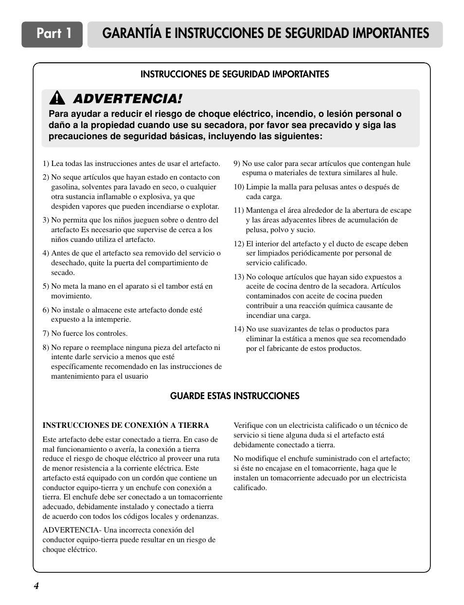 Part 1, Garantía e instrucciones de seguridad importantes, Advertencia | LG DLG0332W User Manual | Page 34 / 60