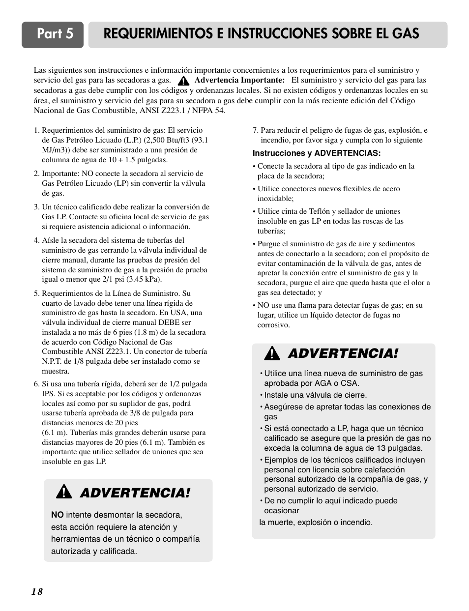 Part 5 requerimientos e instrucciones sobre el gas, Advertencia | LG DLG0332W User Manual | Page 48 / 60