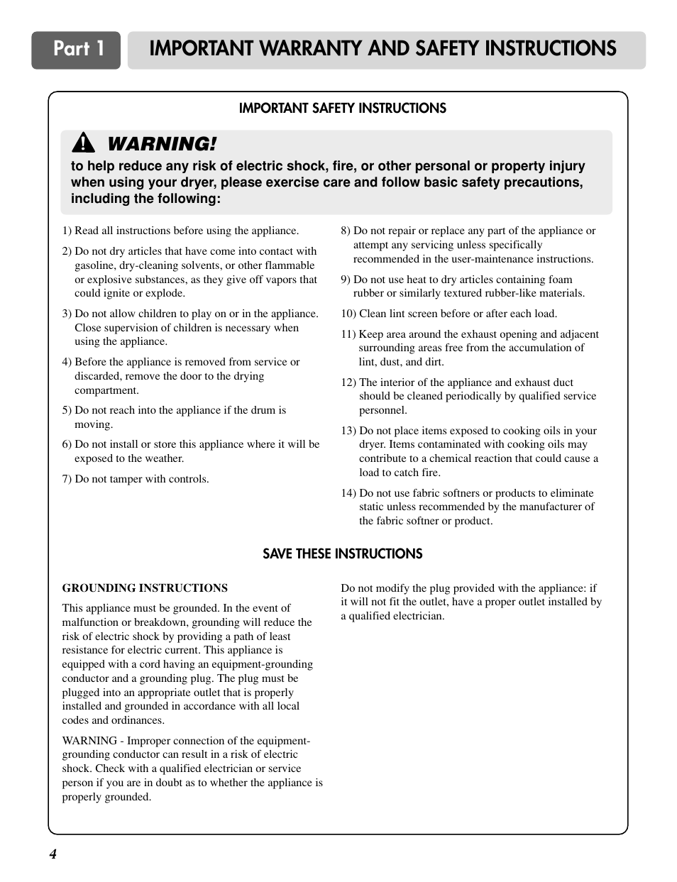 Part 1 important warranty and safety instructions, Warning | LG DLG0332W User Manual | Page 5 / 60