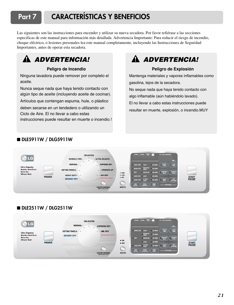 Part 7 características y beneficios, Advertencia | LG DLG0332W User Manual | Page 51 / 60