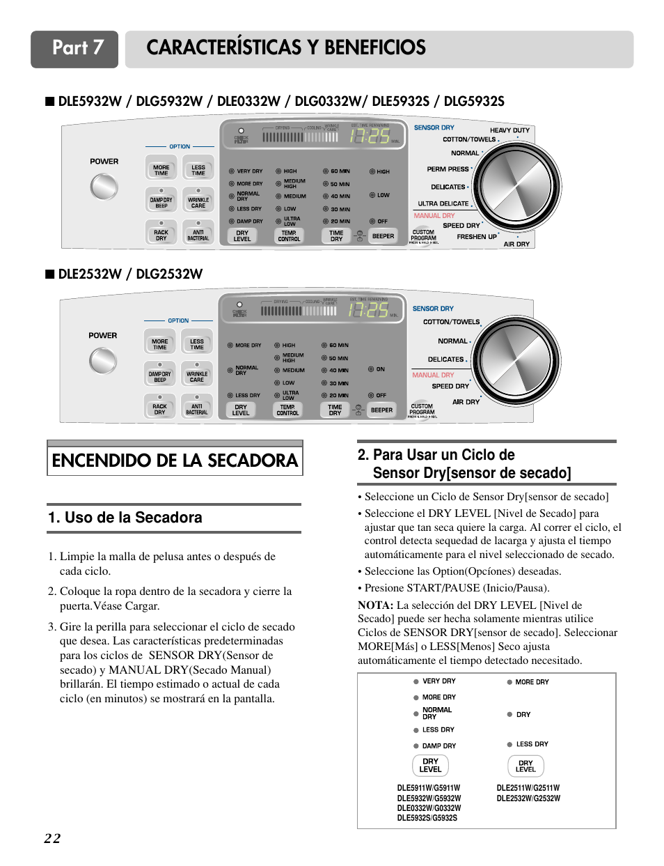 Part 7 características y beneficios, Encendido de la secadora | LG DLG0332W User Manual | Page 52 / 60