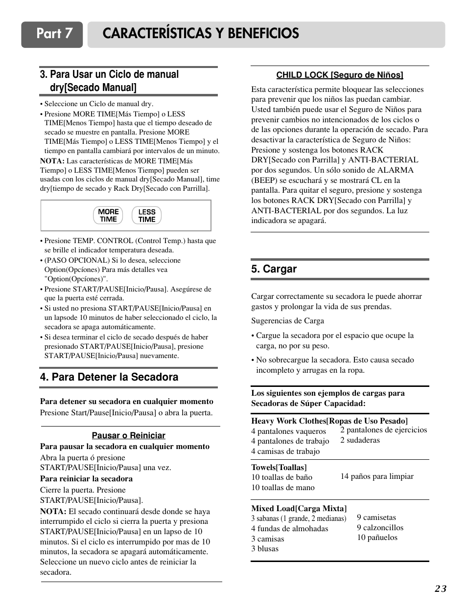 Part 7 características y beneficios, Para usar un ciclo de manual dry[secado manual, Cargar | Para detener la secadora | LG DLG0332W User Manual | Page 53 / 60