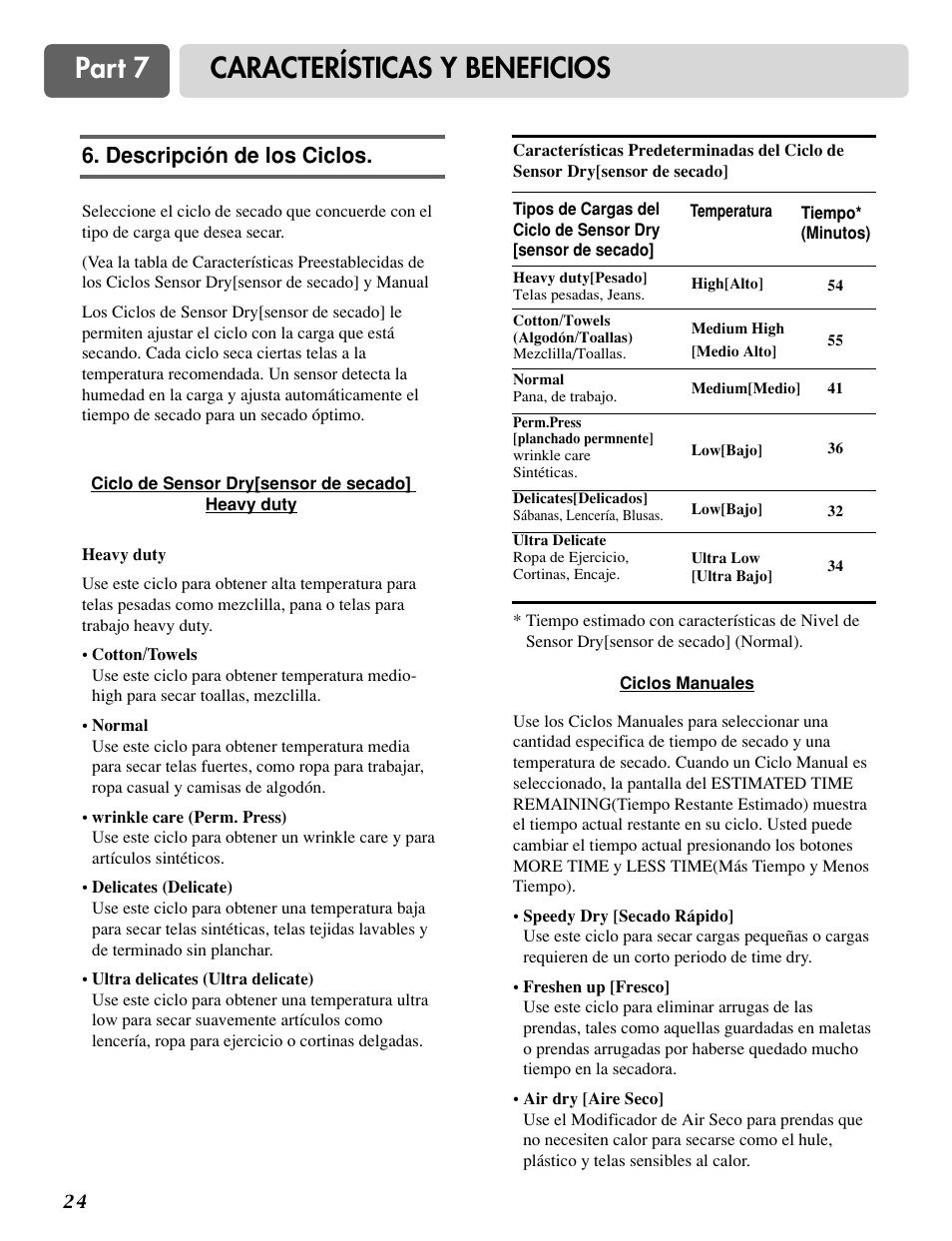 Part 7 características y beneficios, Descripción de los ciclos | LG DLG0332W User Manual | Page 54 / 60