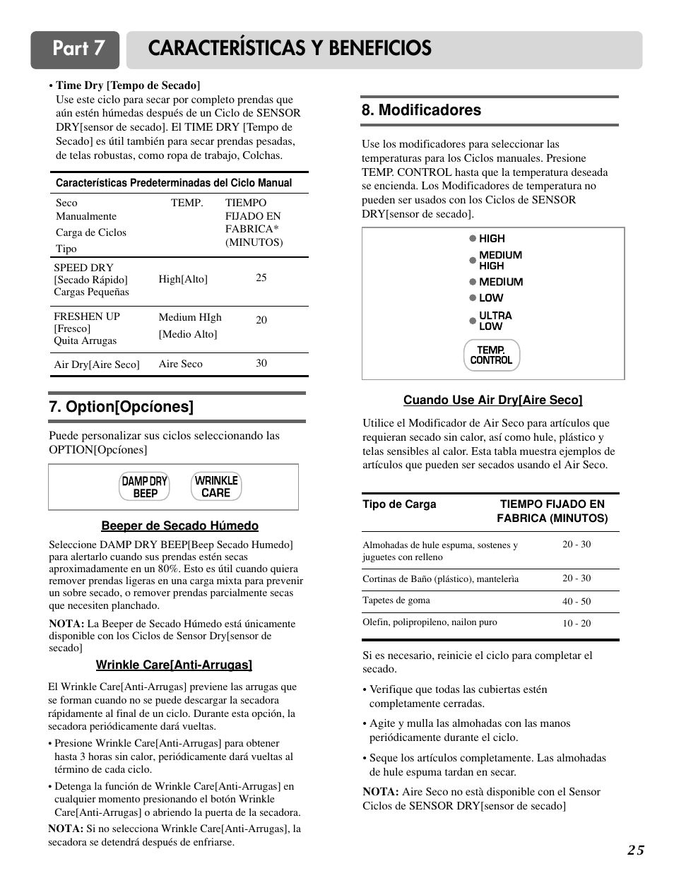 Part 7 características y beneficios, Option[opcíones, Modificadores | LG DLG0332W User Manual | Page 55 / 60