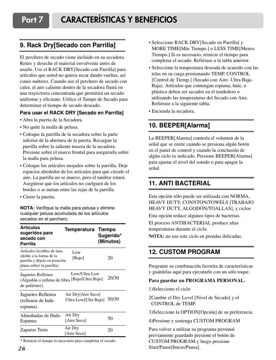 Part 7 características y beneficios, Rack dry[secado con parrilla, Beeper[alarma | Anti bacterial, Custom program | LG DLG0332W User Manual | Page 56 / 60
