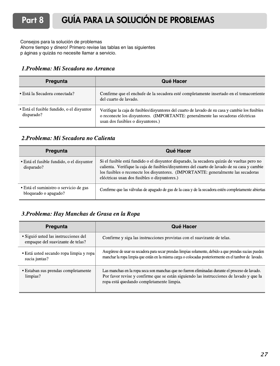 Part 8 guía para la solución de problemas | LG DLG0332W User Manual | Page 57 / 60
