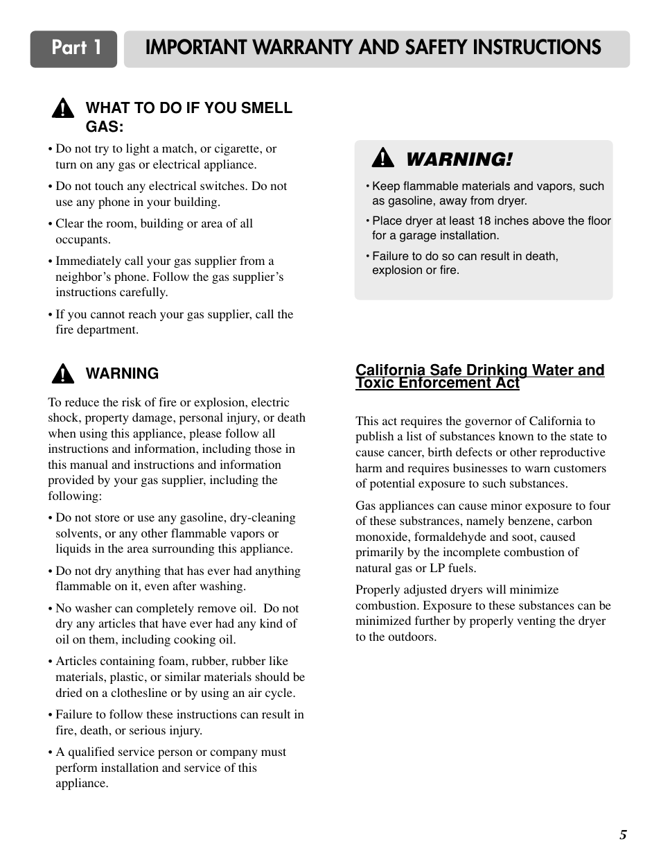 Part 1 important warranty and safety instructions, Warning | LG DLG0332W User Manual | Page 6 / 60