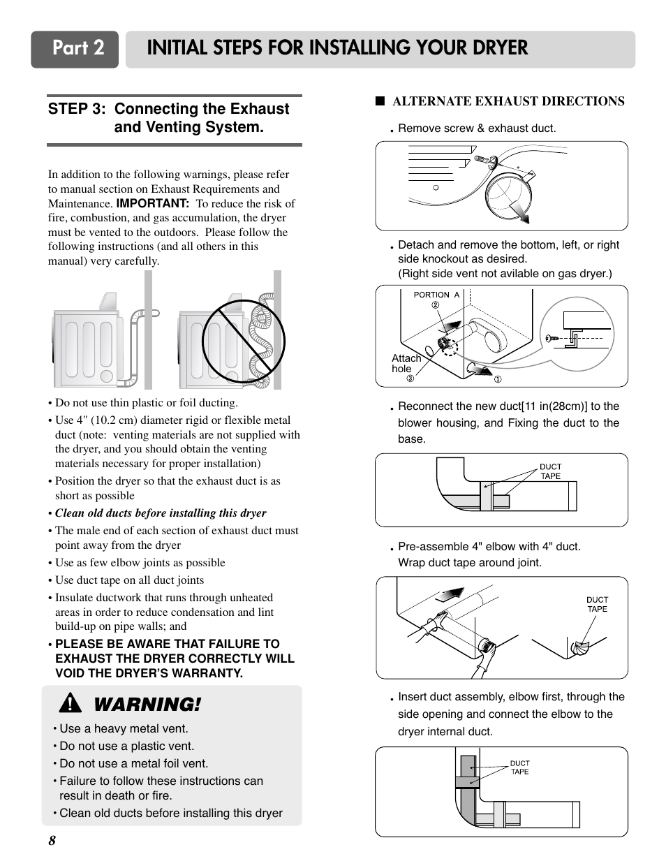 Part 2 initial steps for installing your dryer, Warning | LG DLG0332W User Manual | Page 9 / 60