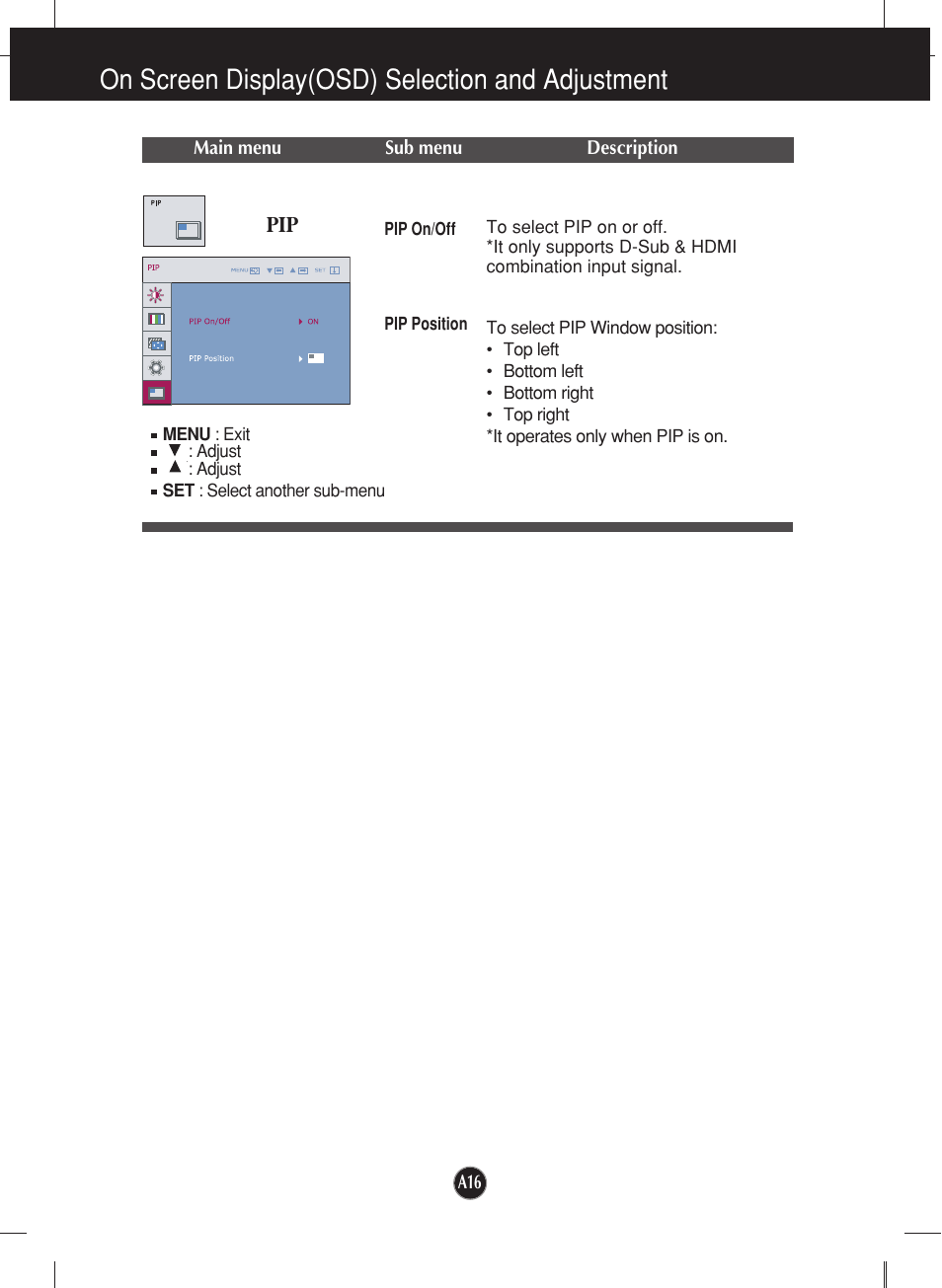 On screen display(osd) selection and adjustment | LG W2452V-TF User Manual | Page 17 / 27