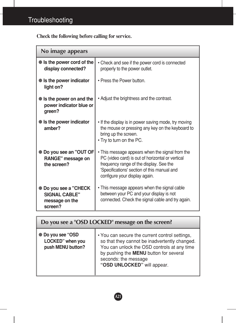 Troubleshooting | LG W2452V-TF User Manual | Page 22 / 27