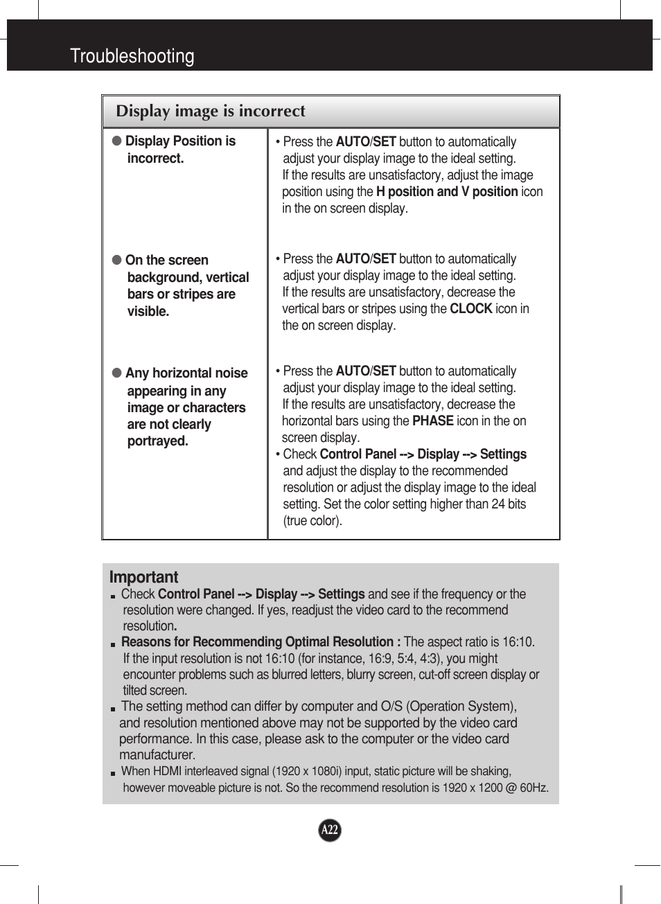 Troubleshooting, Display image is incorrect, Important | LG W2452V-TF User Manual | Page 23 / 27