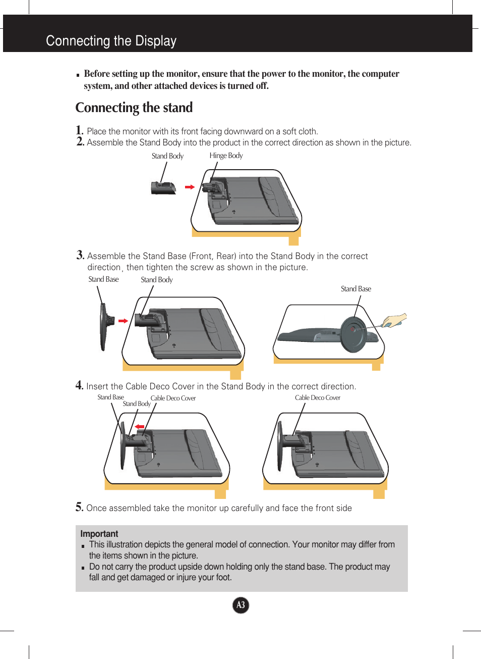 Connecting the display, Connecting the stand | LG W2452V-TF User Manual | Page 4 / 27