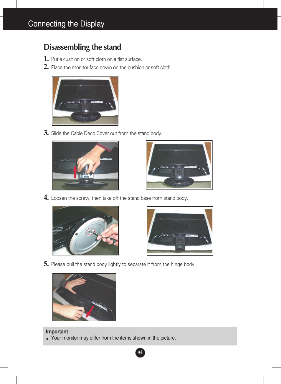 Connecting the display disassembling the stand | LG W2452V-TF User Manual | Page 5 / 27