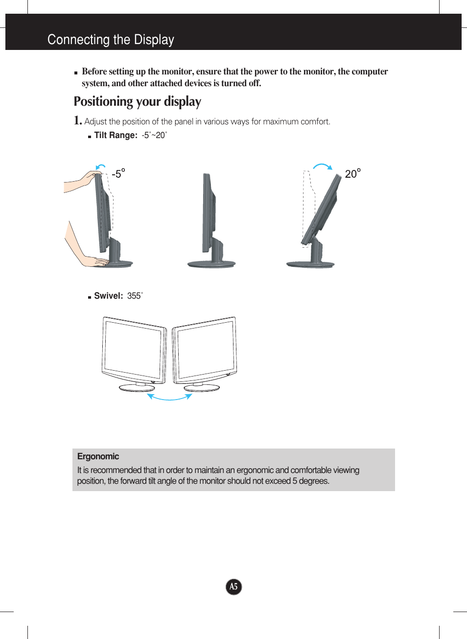 Connecting the display, Positioning your display | LG W2452V-TF User Manual | Page 6 / 27