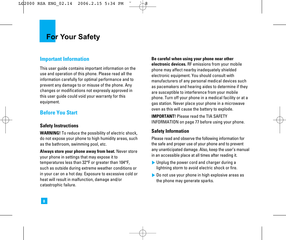 For your safety | LG LG2000 User Manual | Page 12 / 98