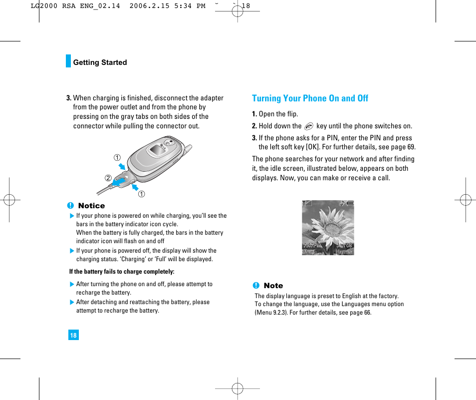Turning your phone on and off | LG LG2000 User Manual | Page 22 / 98