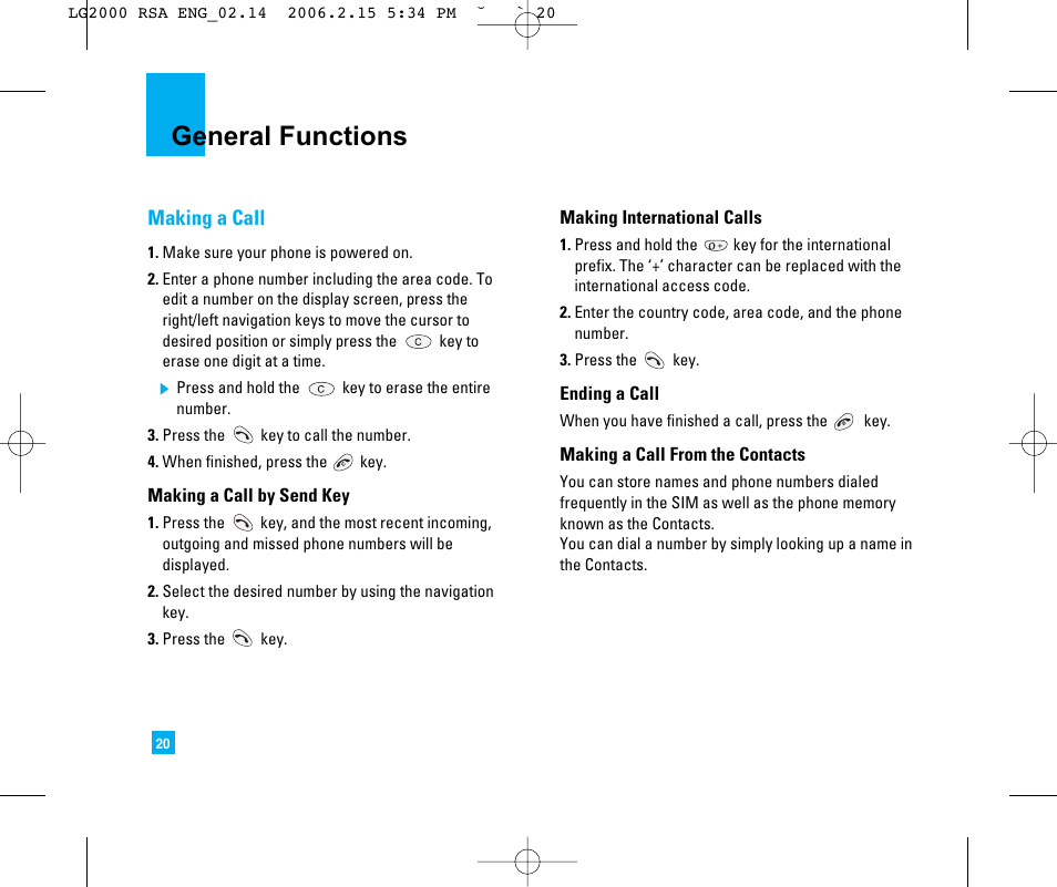 General functions, Making a call | LG LG2000 User Manual | Page 24 / 98