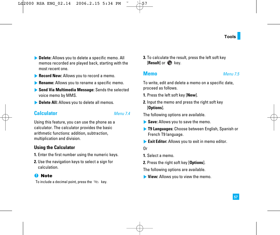 Calculator | LG LG2000 User Manual | Page 61 / 98