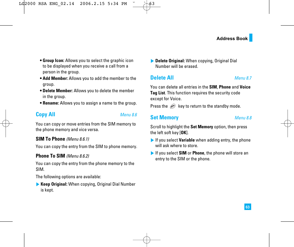 Copy all, Delete all | LG LG2000 User Manual | Page 67 / 98