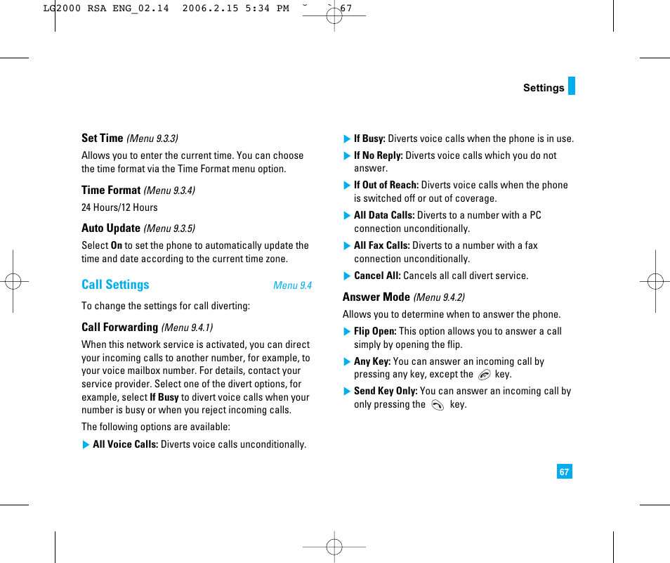 Call settings | LG LG2000 User Manual | Page 71 / 98