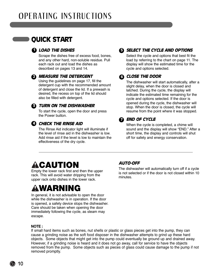 Caution, Warning, Quick start | LG LDF9932ST User Manual | Page 10 / 76