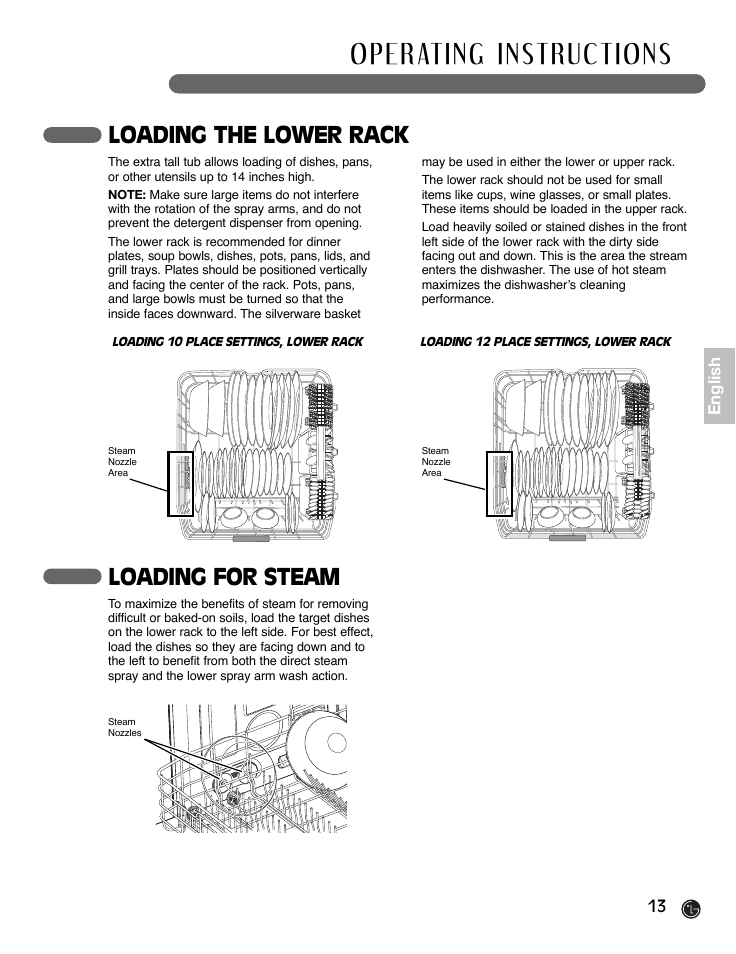 Loading the lower rack, Loading for steam | LG LDF9932ST User Manual | Page 13 / 76