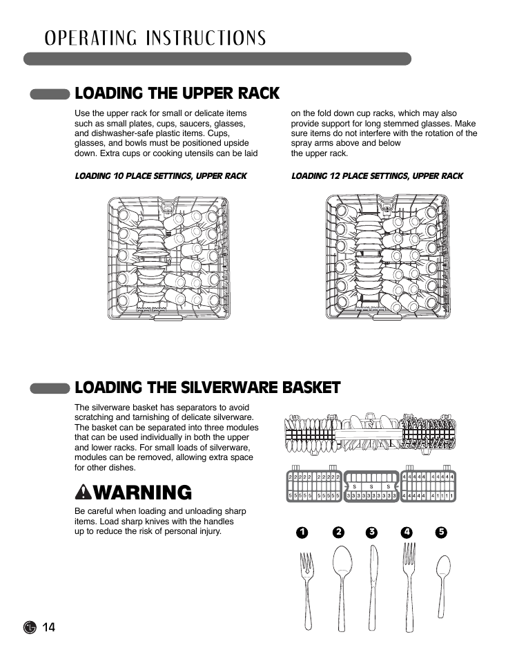 Warning, Loading the silverware basket, Loading the upper rack | LG LDF9932ST User Manual | Page 14 / 76