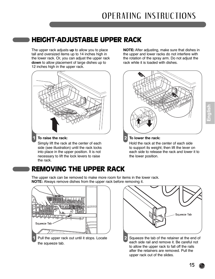 Height-adjustable upper rack, Removing the upper rack | LG LDF9932ST User Manual | Page 15 / 76