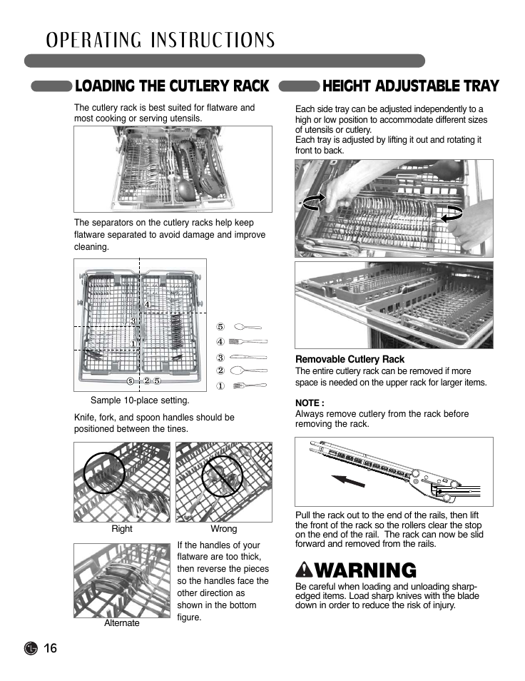 Warning, Loading the cutlery rack height adjustable tray | LG LDF9932ST User Manual | Page 16 / 76