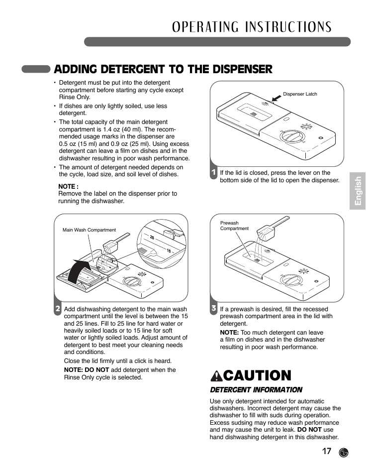 Caution, Adding detergent to the dispenser | LG LDF9932ST User Manual | Page 17 / 76