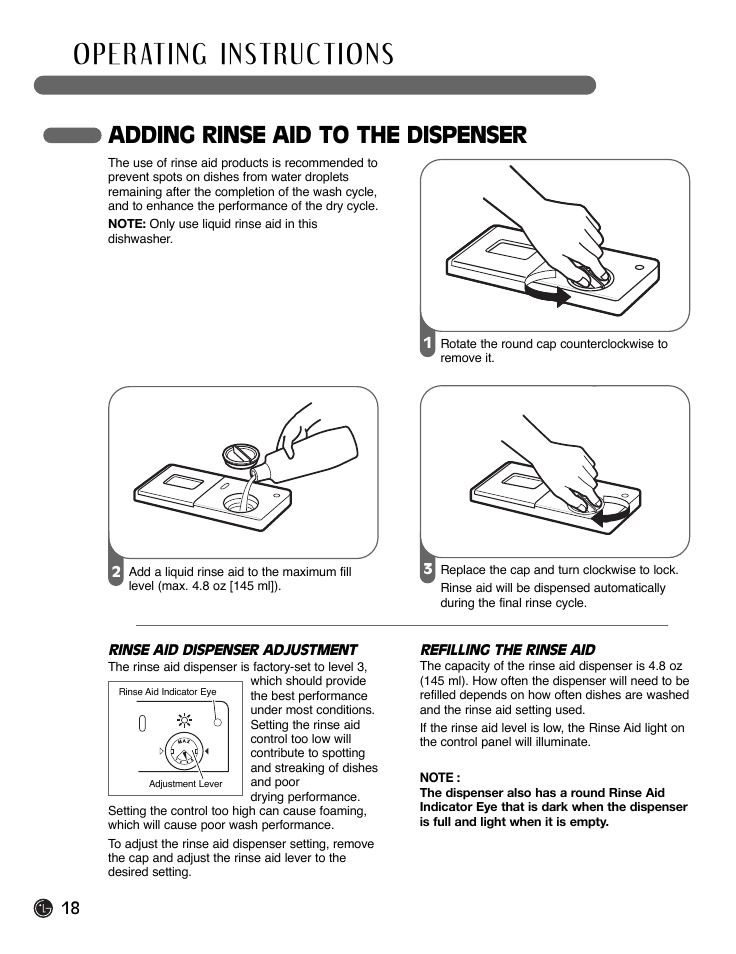 Adding rinse aid to the dispenser | LG LDF9932ST User Manual | Page 18 / 76