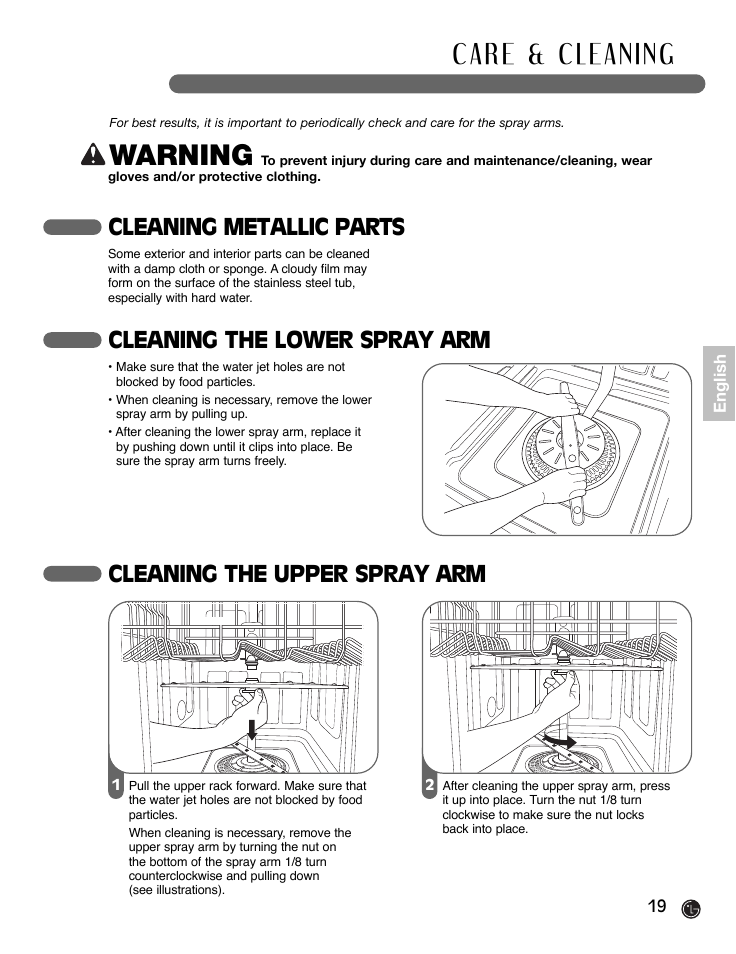 Warning, Cleaning metallic parts, Cleaning the lower spray arm | Cleaning the upper spray arm | LG LDF9932ST User Manual | Page 19 / 76