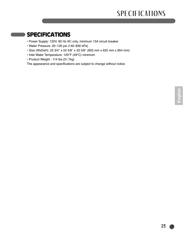 Specifications | LG LDF9932ST User Manual | Page 23 / 76