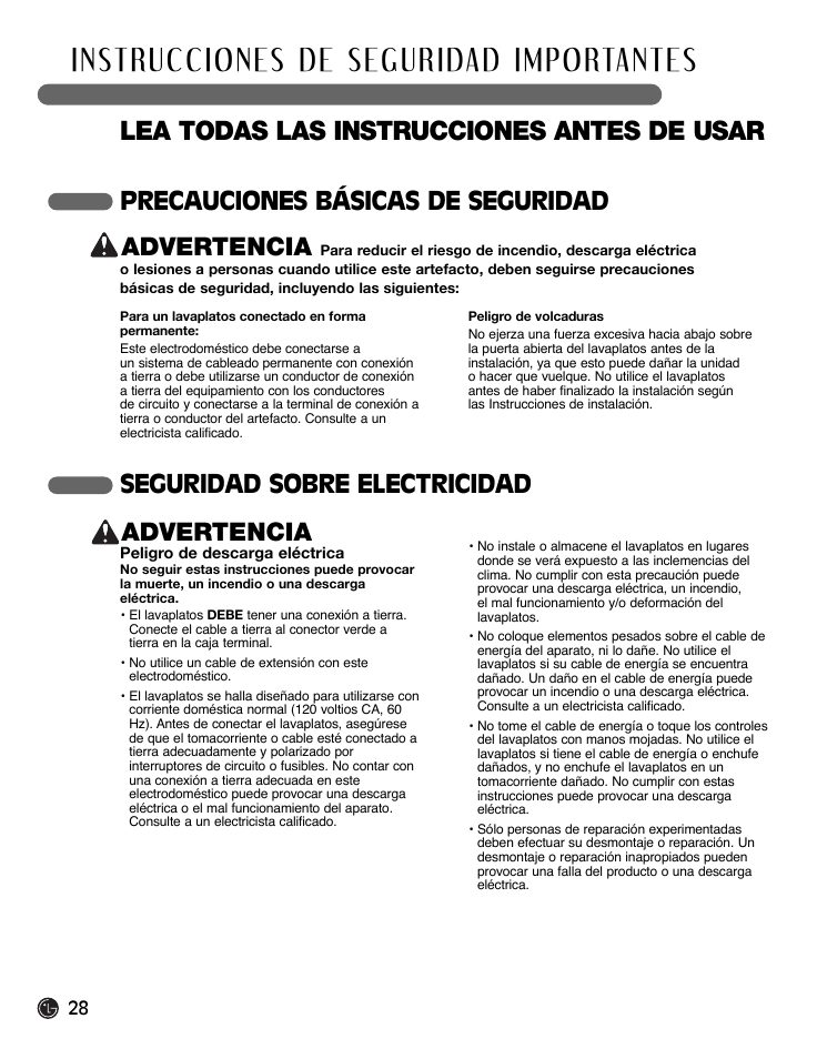 Lea todas las instrucciones antes de usar, Precauciones básicas de seguridad advertencia, Seguridad sobre electricidad advertencia | LG LDF9932ST User Manual | Page 28 / 76