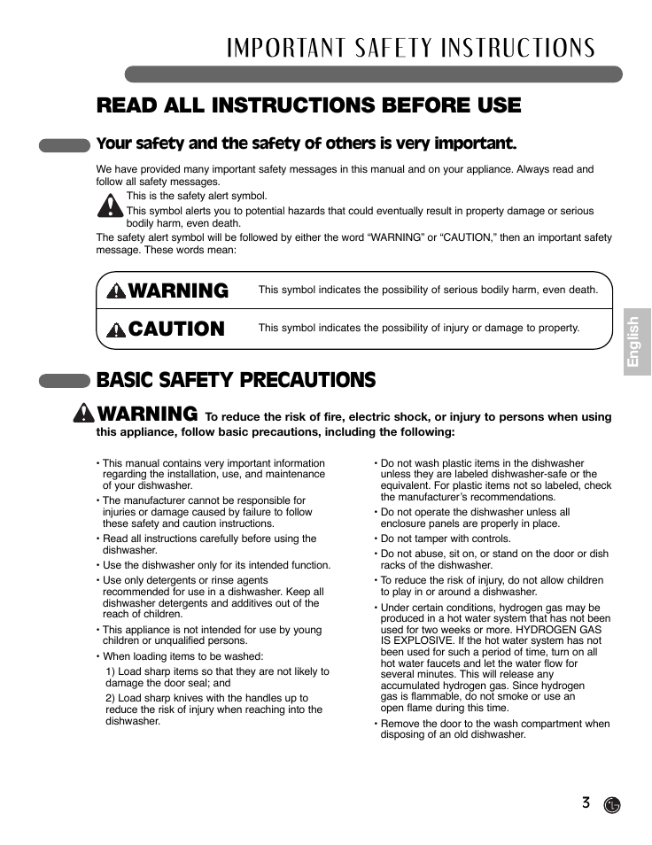 Read all instructions before use, Warning, Basic safety precautions warning | Caution | LG LDF9932ST User Manual | Page 3 / 76