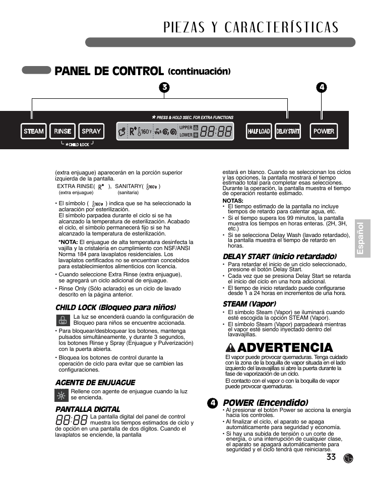 Advertencia, Panel de control, Power (encendido) | 33 español, Continuación) | LG LDF9932ST User Manual | Page 33 / 76