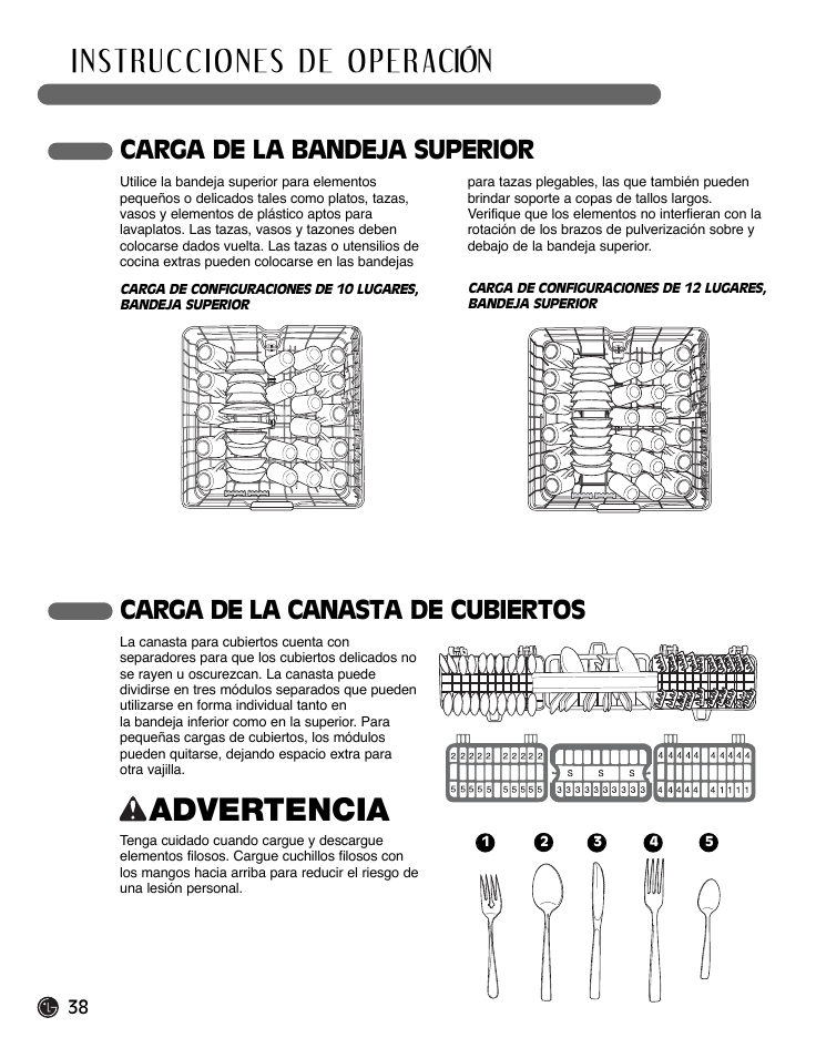 Advertencia, Carga de la canasta de cubiertos, Carga de la bandeja superior | LG LDF9932ST User Manual | Page 38 / 76