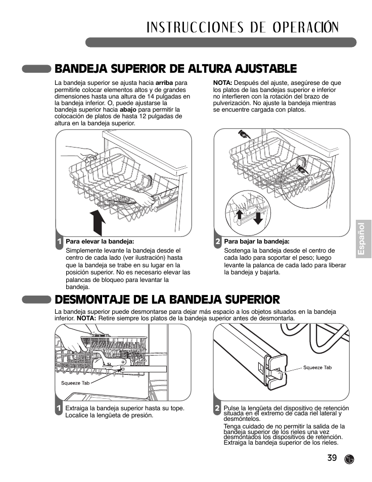 Bandeja superior de altura ajustable, Desmontaje de la bandeja superior | LG LDF9932ST User Manual | Page 39 / 76