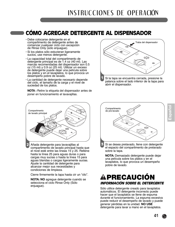 Precaución, Cómo agregar detergente al dispensador, 41 español | LG LDF9932ST User Manual | Page 41 / 76