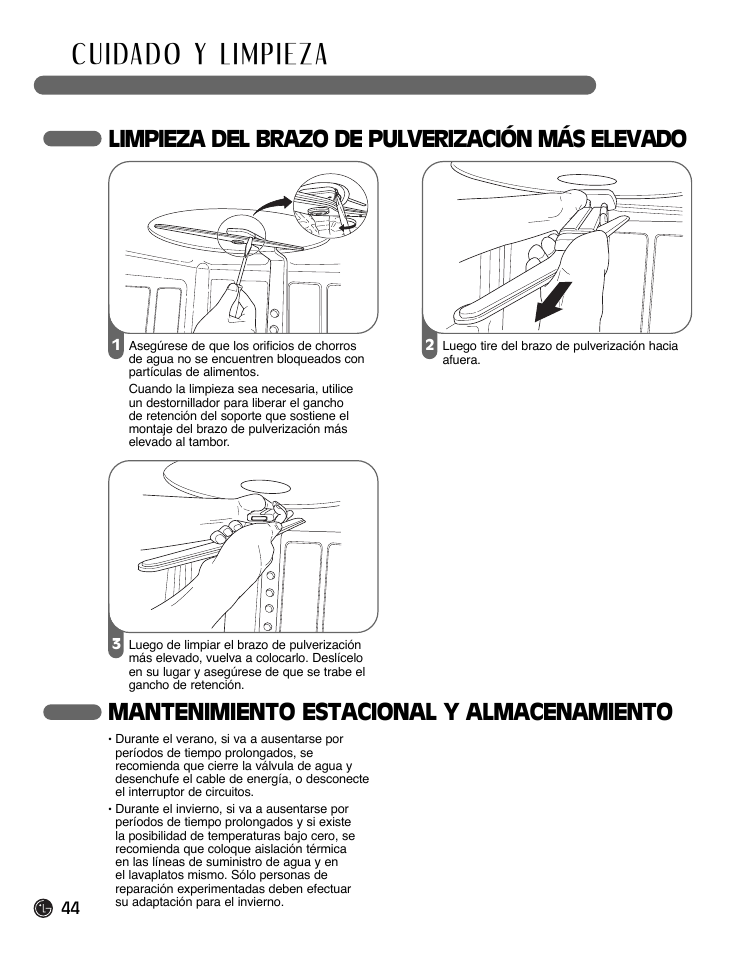 Mantenimiento estacional y almacenamiento, Limpieza del brazo de pulverización más elevado | LG LDF9932ST User Manual | Page 44 / 76