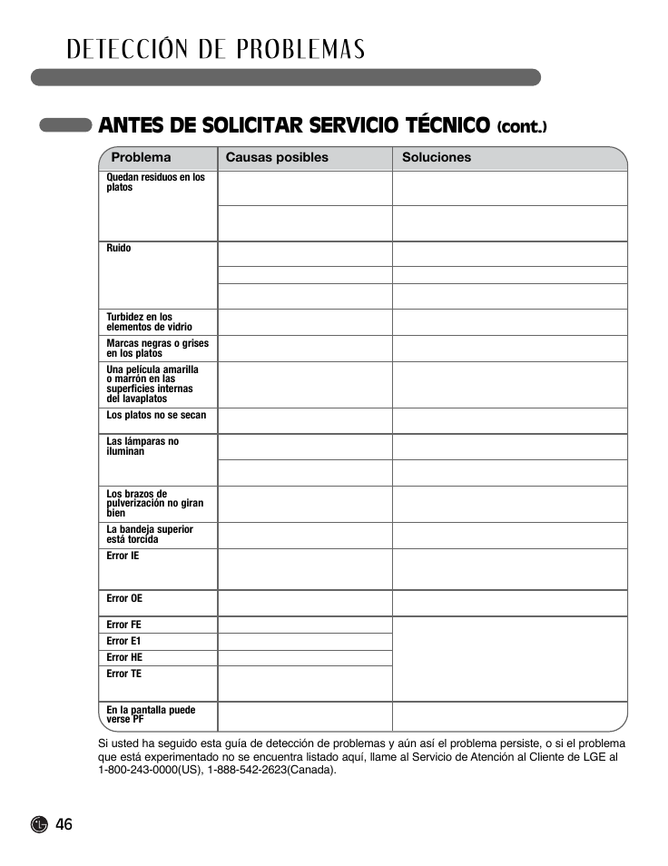 Antes de solicitar servicio técnico, Cont.) | LG LDF9932ST User Manual | Page 46 / 76